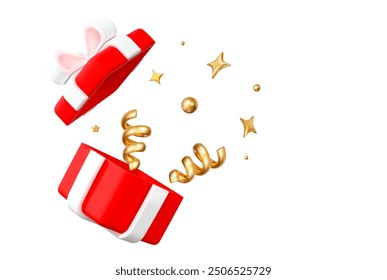 3d open red gift box with golden confetti. Cartoon style. Stock vector illustration on isolated background.