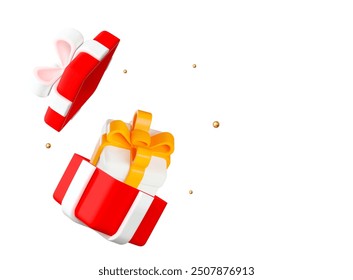 3d open red gift box with golden confetti. Cartoon style. Stock vector illustration on isolated background.