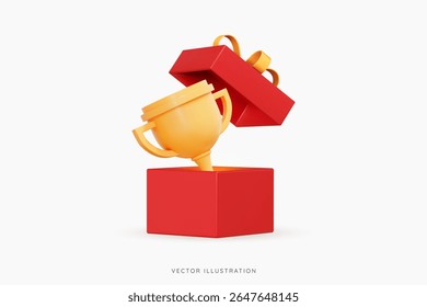 3D Open red Gift box with Golden Trophy cup. Bonus for winning in game. Sport and competition. Surprise and reward. Cartoon creative design icon isolated on white background. 3D Vector illustration