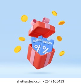3d Open red gift box with pink ribbon containing two blue discount coupons and gold coins, perfect for marketing promotions, sales campaigns, and holiday offers. 3d rendering. Vector illustration