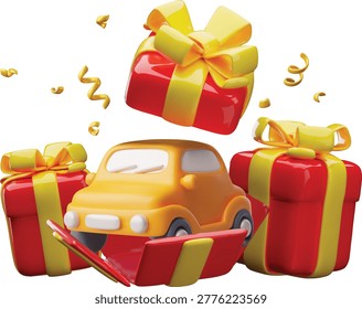 3D open red gift box with orange car. Auto transport passenger car, civilian vehicle. 3D cartoon plastic style vector illustration. Festive travel surprise present