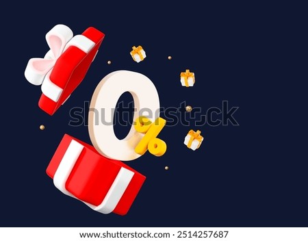3d open red gift box zero percent and flying present with golden ball. Cartoon style. Stock vector illustration on isolated background.