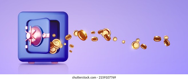 3D open safe box with flying golden coins. Money protection render. Frontal view. Banking safety clip art