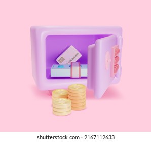3d Caja de seguridad abierta con tarjeta de crédito de dinero diferente, caja de efectivo y monedas de oro Protección de estilo de caricatura plasticina y concepto de almacenamiento. Ilustración del vector