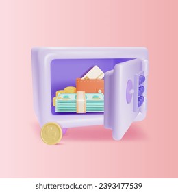 3d Apertura de Caja Fuerte con Diferentes Tarjetas de Crédito de Dinero, Efectivo y Estilo de Caricatura de Moneda de Oro. Ilustración del vector