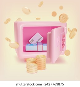 3d Open Safe with Different Money Credit Card, Cash and Gold Coin Flying Effect Cartoon Style. Vector illustration