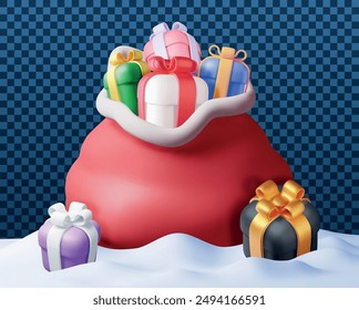 3D Open Santa Claus Sack full of Gifts in Snow. Render Red Cloth Bag for Presents. Happy New Year Decoration. Merry Christmas Holiday. New Year Xmas Celebration. Realistic Vector Illustration