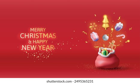 3D Open Santa Claus Sack full of Gifts Isolated. Render Red Cloth Bag for Presents. Happy New Year Decoration. Merry Christmas Holiday. New Year Xmas Celebration. Realistic Vector Illustration