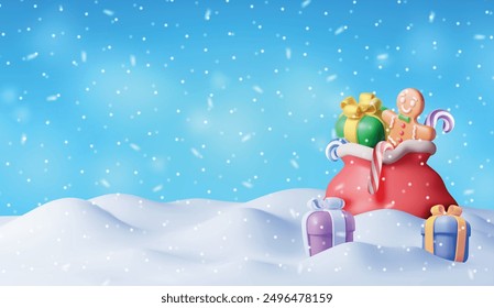 3D Open Santa Claus Sack full of Gifts in Snow. Render Red Cloth Bag for Presents. Happy New Year Decoration. Merry Christmas Holiday. New Year Xmas Celebration. Realistic Vector Illustration