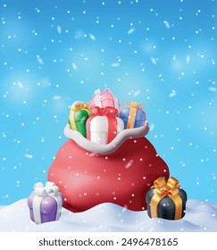 3D Open Santa Claus Sack full of Gifts in Snow. Render Red Cloth Bag for Presents. Happy New Year Decoration. Merry Christmas Holiday. New Year Xmas Celebration. Realistic Vector Illustration