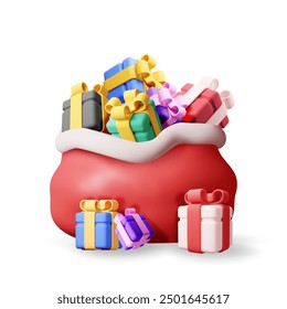 Saco abierto 3D de Santa Claus lleno de cajas de regalo aisladas. Render bolsa de tela roja para regalos. Decoración feliz del año nuevo. Feliz Navidad. Celebración de Navidad del año Nuevo. Ilustración vectorial realista