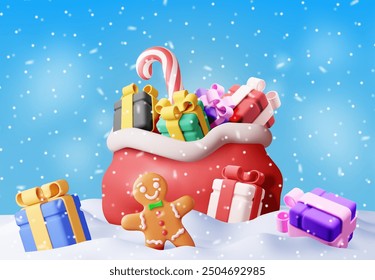 3D open santa claus sack full of gifts in snow. Render red cloth bag for presents. Happy new year decoration. Merry christmas holiday. New year xmas celebration. Realistic vector illustration