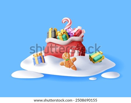 3D open santa claus sack full of gifts in snow. Render red cloth bag for presents. Happy new year decoration. Merry christmas holiday. New year xmas celebration. Realistic vector illustration