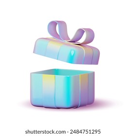 3D open shiny colorful gift boxes with ribbon in red over white background. 3D rendering of a modern holiday surprise box.