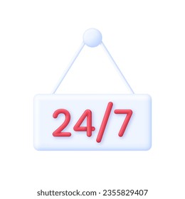 3D Open sign icon. 24,7 concept. Open door. Signboard with text 24,7. Shop sign. Trendy and modern vector in 3d style.