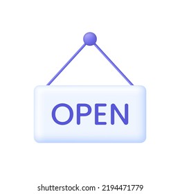 3D Open sign icon. Open door. Signboard with text "Open". Shop sign. Trendy and modern vector in 3d style.