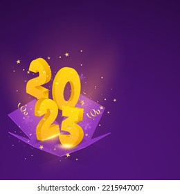 3D Open Surprise Box With 2023 Number, Confetti, Stars Against Purple Background.