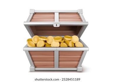 3d open treasure chest with golden coin vector. Gold money in wooden pirate box. Realistic full coffer object for mystery adventure game. Filled loot crate concept isolated on white background