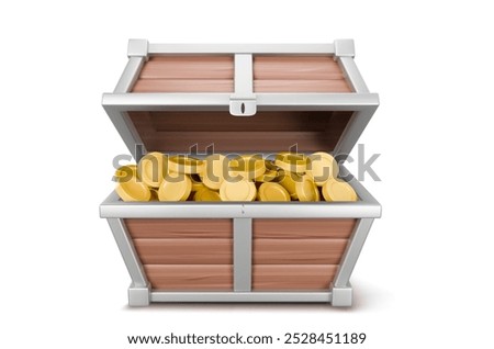 3d open treasure chest with golden coin vector. Gold money in wooden pirate box. Realistic full coffer object for mystery adventure game. Filled loot crate concept isolated on white background