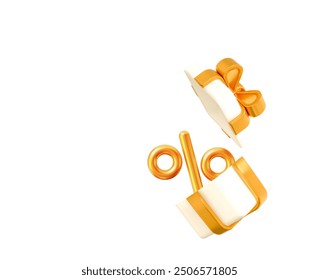 3d open white box with gold percent. Stock vector illustration on isolated background.