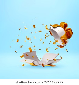 Caja de regalo blanca abierta 3D con cinta de oro y confeti reventado sobre fondo azul claro. Cumpleaños, Navidades, regalo de Año Nuevo para la celebración.