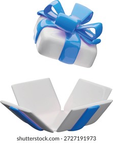 3D offene weiße Geschenkbox mit blauem Band Bogen Vektorsymbol. Festliche Überraschung präsentieren Unbox mit fliegendem Deckel. Realistische Volume-Urlaubsdekoration. Geburtstagsfeier unverkapptes Paket einzeln rendern