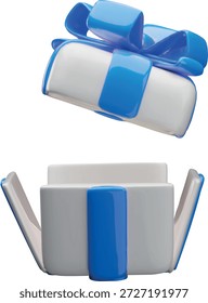 3D open white gift box with blue ribbon bow vector icon. Festive surprise present uncapped box with flying lid isolated. Render unbox package. Birthday celebration. Realistic volume holiday decoration
