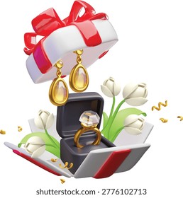 3D open white gift box with a red bow, tulips, gold earrings, and a ring in packaging. Jewelry, accessories, surprise, present, wedding, proposal, promotion, celebration, holiday. Vector. Render.