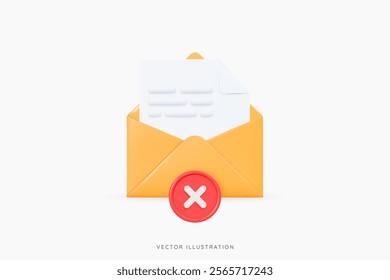 3D Open yellow envelope with letter and red cross mark. Deleted information. Incorrect document. Unsubscribe from news. Reject email. Warning message. Cartoon design icon. 3D Vector illustration