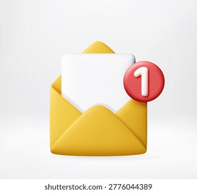 3D Open yellow envelope with white sheet of paper and red notification bubble showing number one. Digital message alert icon. Communication, email marketing and online. Vector illustration