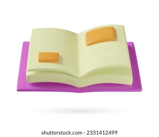 3d opened book icon. Realistic Plastic three dimensional vector object isolated on white background. School textbook or encyclopedia in purple cover. Educational and knowledge concept.
