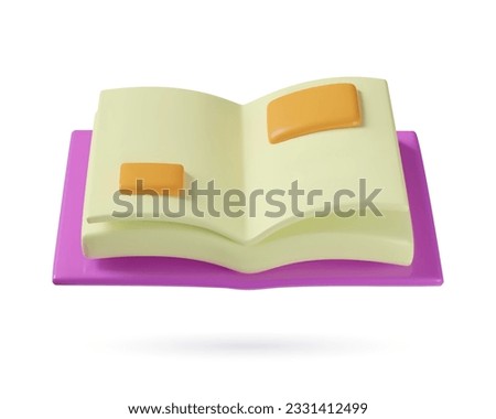 3d opened book icon. Realistic Plastic three dimensional vector object isolated on white background. School textbook or encyclopedia in purple cover. Educational and knowledge concept.