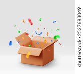 3d opened cardboard box with color confetti isolated. Render open package with colorful confetti explosion icon. Concept of surprise, birthday, sale, coupon, shipping and delivery. Vector illustration