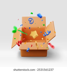 3d opened cardboard box with color confetti isolated. Render open package with colorful confetti explosion icon. Concept of surprise, birthday, sale, coupon, shipping and delivery. Vector illustration