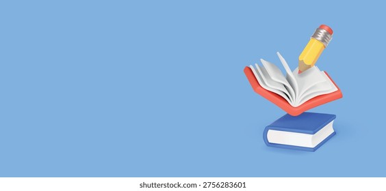 3d opened and closed Book with Pencil icon, Education elements and online learning . Opened textbook and copy space. Study elements