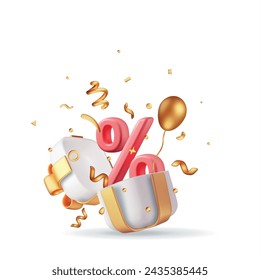 3D Opened Gift Box with Percentage Symbol and Confetti Inside. Render Gift Package with Percent Icon. Sale, Discount or Clearance Concept. Online or Retail Shopping Symbol.. Vector Illustration