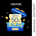 3d Opened gift box with voucher, coupon and serpentine ribbon, confetti, golden coins. Cash surprise box. Money prize reward. Sale promotion, bonus, discount. 3d vector illustration