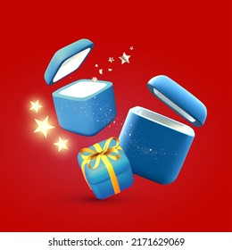 3D opened gift boxes with shining stars. Bonus, win and gift concept. Christmas gifts