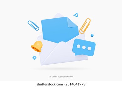 3D Carta abierta en sobre con notificación de campana y mensajes de burbuja de discurso azul. Contacto por correo electrónico y comunicación. Icono de emoji de dibujos animados de negocios y oficinas. Concepto de boletín. Ilustración vectorial 3D