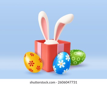 3d Opened pink gift box with easter bunny and colorful easter eggs on blue backgound,happy easter holiday concept. Vector illustration