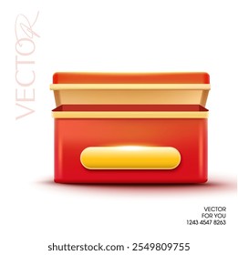 3d opened red gift chest or gift box with golden button. Minimal treasure chest icon in 3d vector