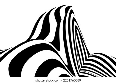Arte óptico 3D con ilusión abstracta en blanco y negro. Bandas de líneas de patrón para pancarta, portada, cartel, tarjeta. Ilustración del vector