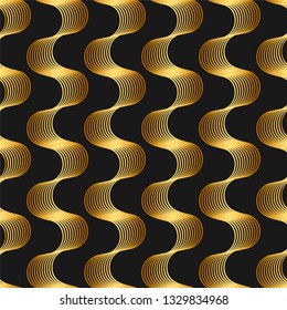 3d optical art waves pattern/ Seamless black and gold abstract background/ Stylish trendy shadow wavy lines wallpaper