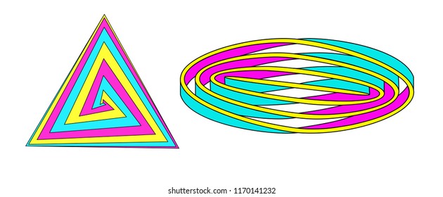  3D optical illusion of abstract geometric figures. Triangle and oval figure in three trendy colors. Style Escher. Optical Art concept for your logo or icon design. Vector illustration