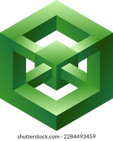 3d optical illusion of impossible shape. 3d cube of blocks. Vector illustration of green cube logo. 3d illusion of geometric for logo, design or art. Perspective illusion shape illustration
