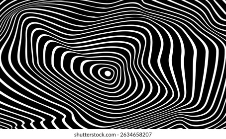Ilusão óptica 3D. Padrão de linha de círculos listrados preto e branco psicodélico. Fundo abstrato da curva ondulada geométrica. Onda de fundo do estilo de op art hipnótico. Design vetorial