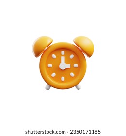 3d orange alarm clock. Render watch icon, sleeping or deadline timer. Clock icon vector illustration isolated on white background. Realistic 3d design element in plastic cartoon style.