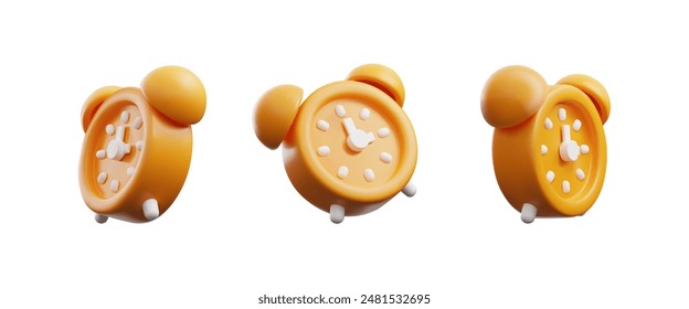 Reloj despertador 3D naranja. Icono de reloj de renderizado, durmiendo o temporizador de fecha límite. Conjunto de Vectores de reloj volumétrico aislado. Recordatorio realista en estilo de dibujos animados de plástico, observe la vista del símbolo desde diferentes lados