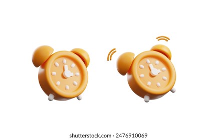 3D orange alarm clock and ringing watches vector icons set. Render sleeping or deadline timer. Volumetric clock reminder isolated on white. Realistic 3d design notice or time management symbol