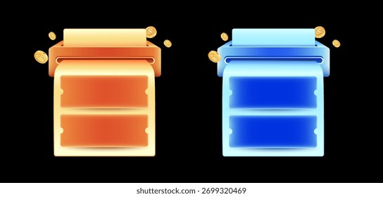 3D orange and blue coupon printers dispensing blank tickets, surrounded by golden coins. 3d vector illustration